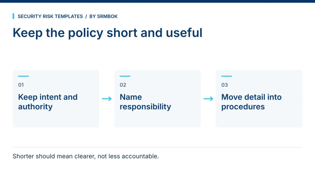 Keep the policy short and useful: Keep intent and authority; Name responsibility; Move detail into procedures.